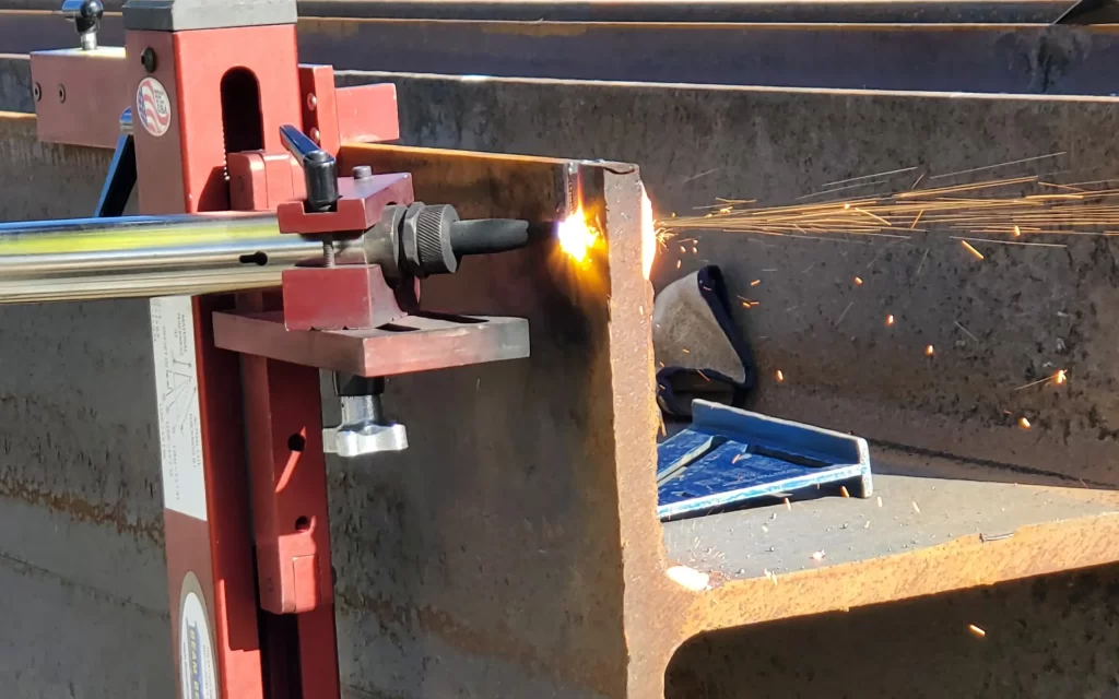 Modern beveling systems allow contractors to cut flanges, webs, and plates directly in the field with factory-like precision. This reduces the need for grinding and rework, saving hours of labor and improving safety on complex steel projects. Photo Credit: Beam Beveler