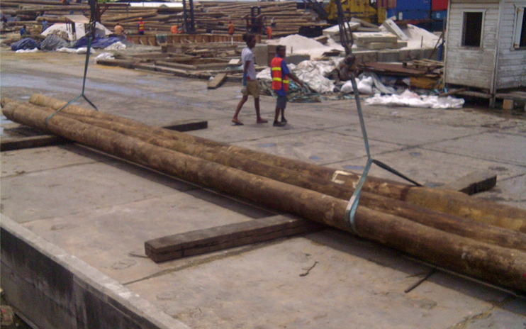 Greenheart pilings are widely used in marine construction because the species is highly resistant to decay fungi and marine borers, which makes it suitable for long term immersion in seawater. Its extreme density allows it to withstand heavy structural loads in docks, wharves and fender systems. Photo Credit: South America Lumber