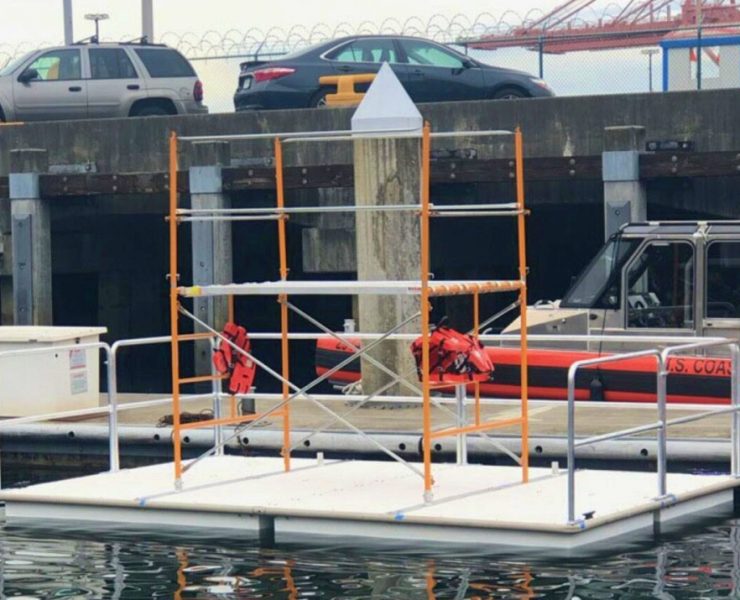 Floating docks are commonly used as temporary work platforms for marine pile driving in shallow or restricted waters where barges cannot operate efficiently. Their modular design allows contractors to size platforms based on equipment weight and jobsite conditions. Photo Credit: AccuDock®