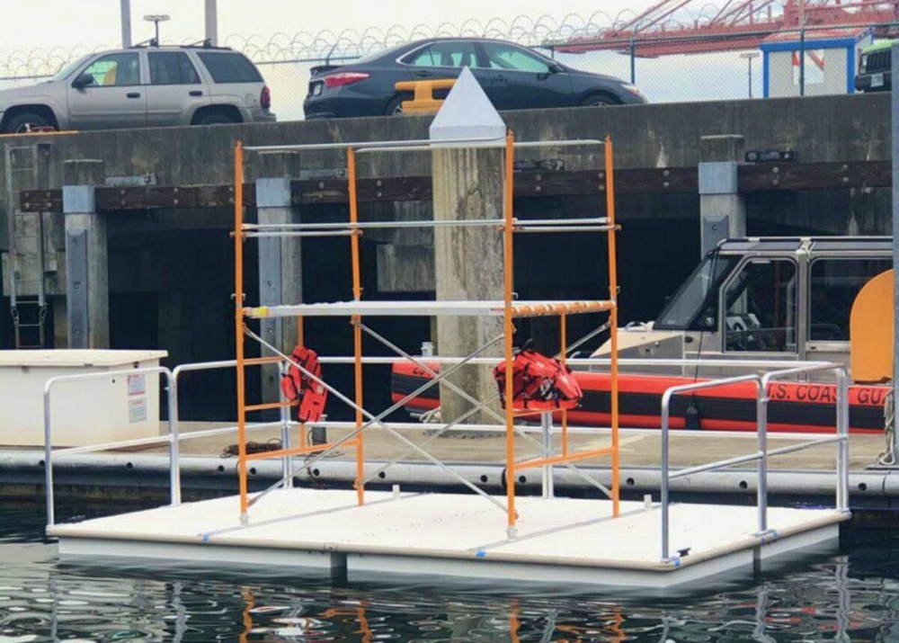 Floating docks are commonly used as temporary work platforms for marine pile driving in shallow or restricted waters where barges cannot operate efficiently. Their modular design allows contractors to size platforms based on equipment weight and jobsite conditions. Photo Credit: AccuDock®