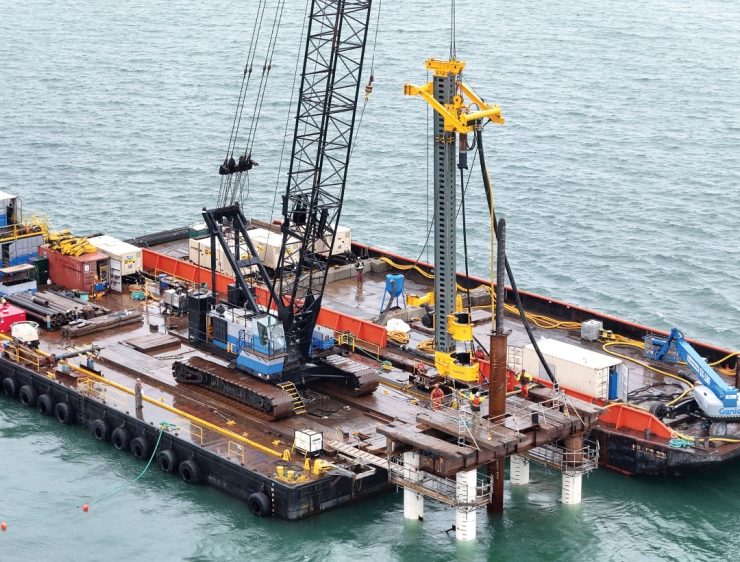 Marine infrastructure projects require contractors with experience in tidal environments, variable soils, and limited access conditions. These factors significantly increase construction risk compared to land-based projects. Photo Credit: Pacific Pile & Marine