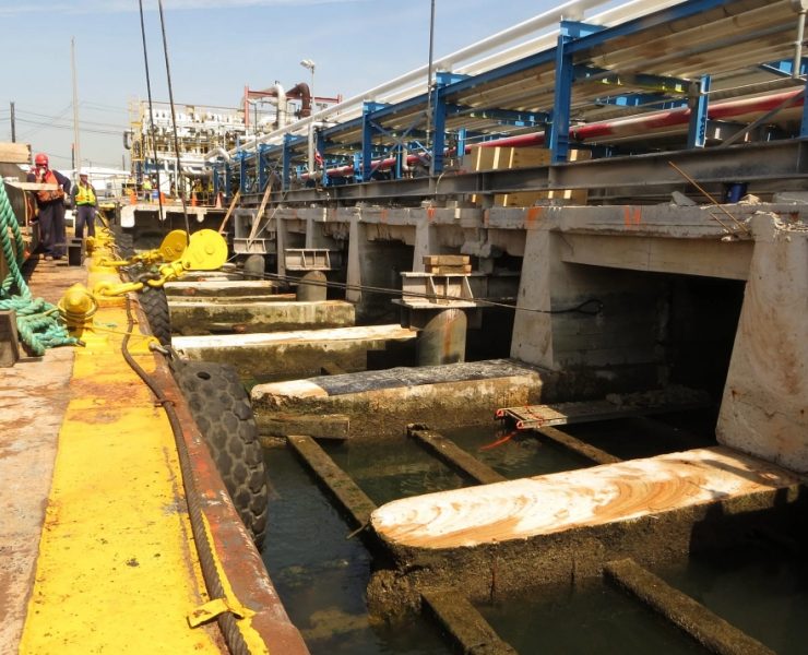 Wire sawing uses a continuous diamond-embedded cable to cut through reinforced concrete and steel without impact forces. This makes it ideal for marine deconstruction projects where vibration control is critical. Photo Credit: Cutting Technologies, Inc.