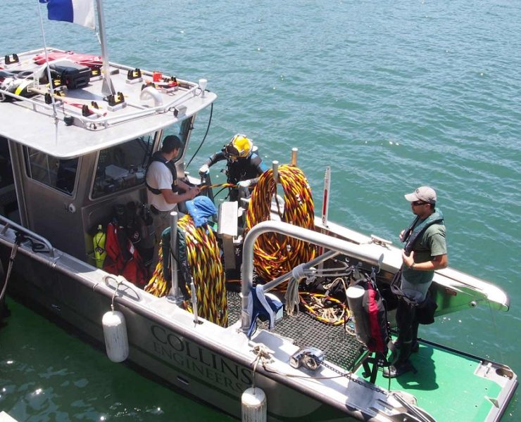 Dive and inspection support vessels are commonly used to deploy divers and inspection equipment for evaluating the condition of timber, steel, and concrete piles below the waterline. These vessels allow inspections to be performed safely in currents, tidal zones, and confined marine environments. Photo Credit: Munson Boats