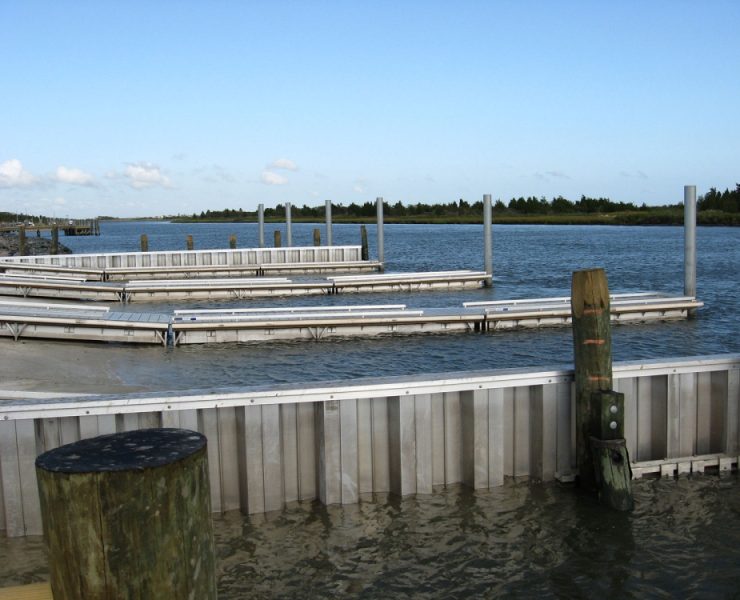 Aluminum sheet piling systems can provide the stiffness of a structural metal while weighing significantly less than traditional carbon steel sheet piles. This combination of strength and reduced weight can simplify handling and installation in waterfront projects. Photo Credit: CMI Limited Co.