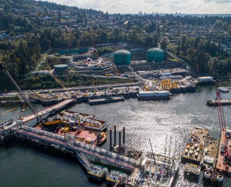 Marine geotechnical conditions can change significantly over short distances due to sediment movement, historical dredging, and tidal action. These variations often lead to unpredictable pile driving resistance and require adaptive installation strategies. Photo Credit: Kiewit Corporation