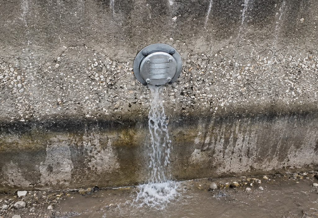 JET Filter™ JF4SSCVLV actively draining from the wall face. Maintainable cartridge, 316L stainless steel housing, no excavation required. Photo Credit: JET Filter System, LLC