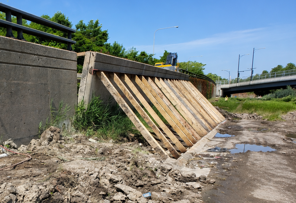 Horizontal cracks near the middle of a retaining wall can be a sign of excessive lateral pressure. The wall may be bending under the weight of saturated soil behind it. Photo Credit: JET Filter System, LLC