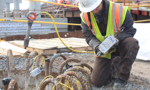 TIP testing uses heat from curing concrete to assess drilled shaft integrity. Sensors on the reinforcement cage can help identify potential changes in shaft shape or concrete cover. Photo Credit: GRL Engineers, Inc