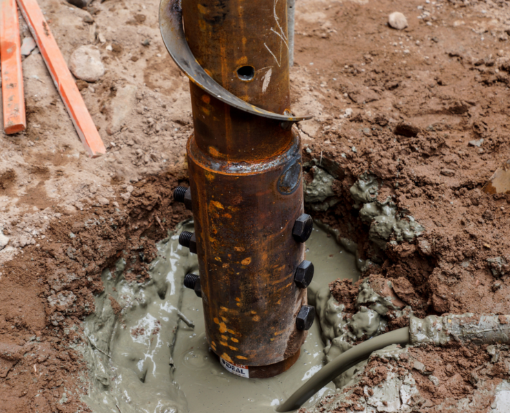 A close-up view of a STELCOR® pile connection and grouting during the installation process. Photo Credit: IDEAL Group