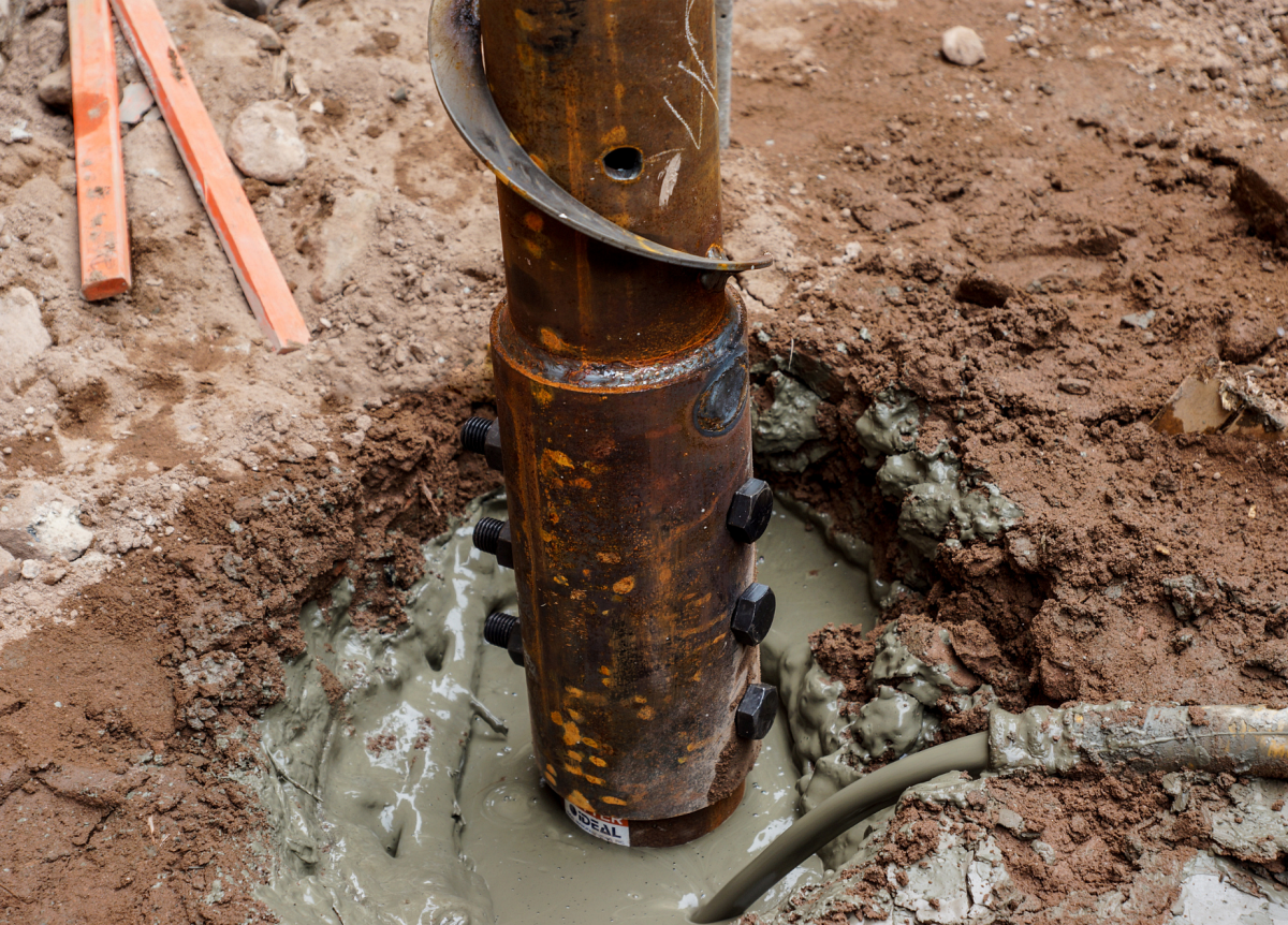 A close-up view of a STELCOR® pile connection and grouting during the installation process. Photo Credit: IDEAL Group