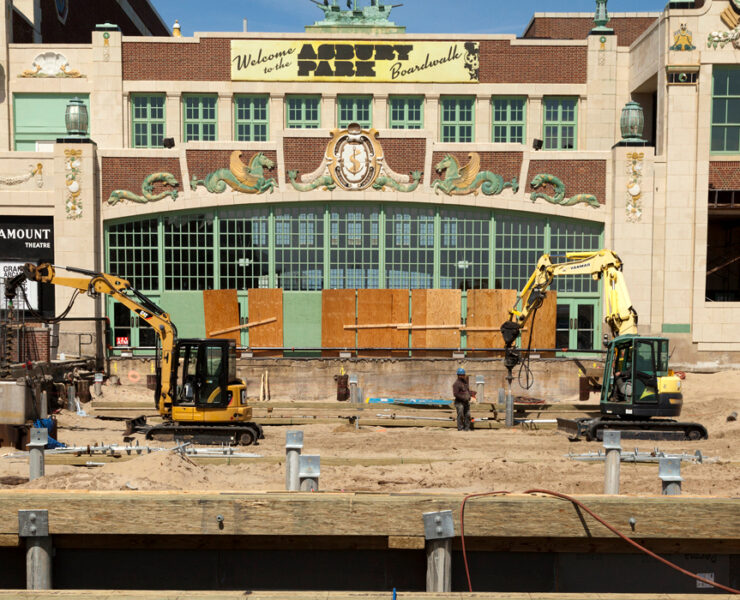 264 grout-filled helical piles installed with no vibration next to the existing bulkhead and storefronts. Installing contractor: South Jersey Helical Piers. Photo Credit: Danbro Distributors