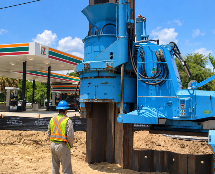 OSHA requires the estimated locations of underground utilities to be determined before excavation begins. Their exact locations must be established by safe and acceptable means as work approaches them. Photo Credit: Blue Iron Foundations & Shoring, LLC