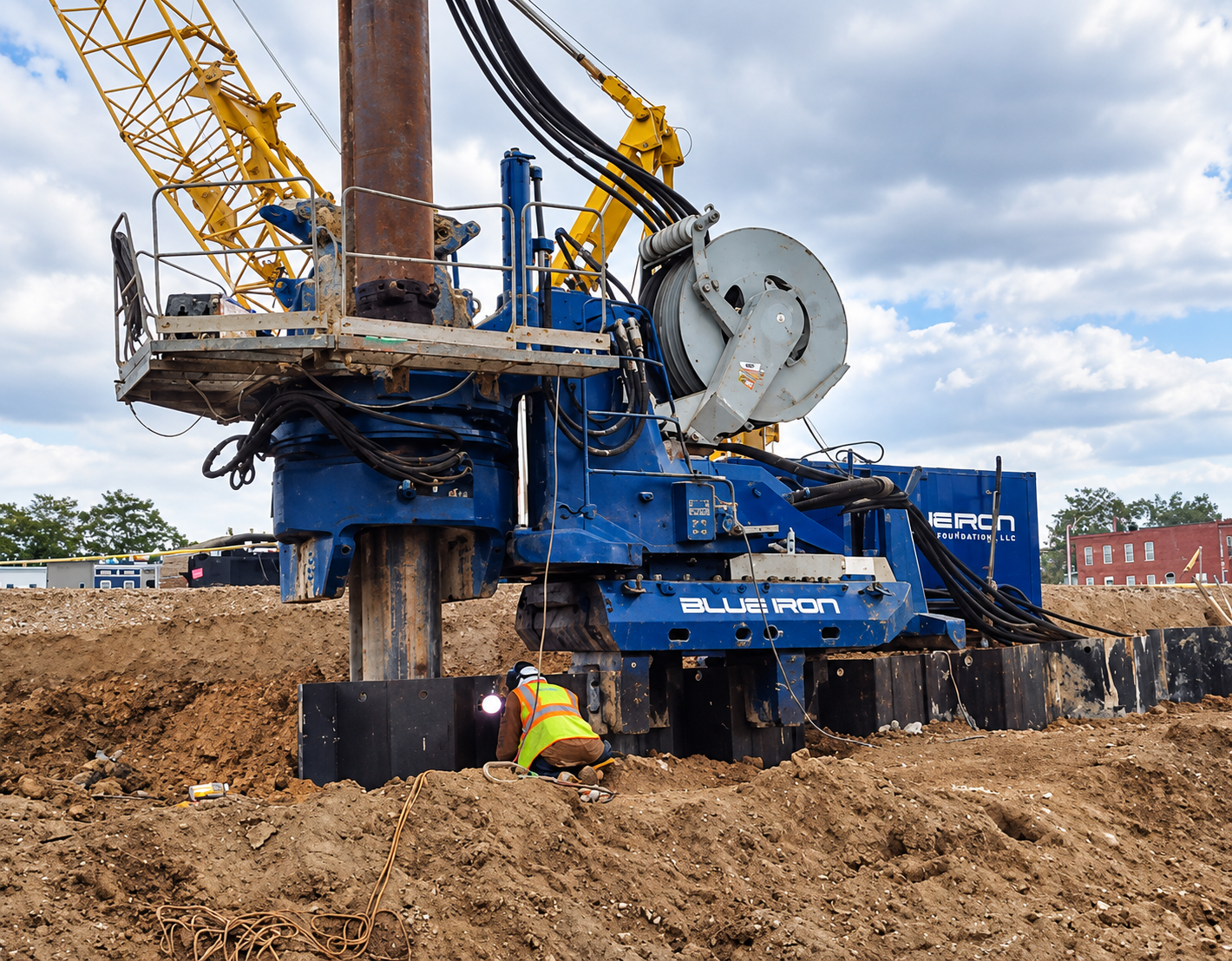 FHWA guidance states that pile-driving vibration depends on factors including soil, pile type, equipment, installation technique, penetration resistance, depth, and distance. It recommends careful evaluation or monitoring when nearby structures, facilities, or utilities could be affected. Photo Credit: Blue Iron Foundations & Shoring, LLC