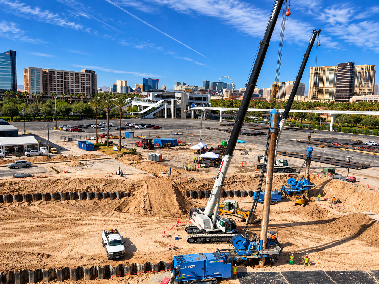 Driven piles can densify, displace, or heave nearby soil. Monitoring programs should therefore consider settlement and displacement in addition to vibration. Photo Credit: Blue Iron Foundations & Shoring, LLC