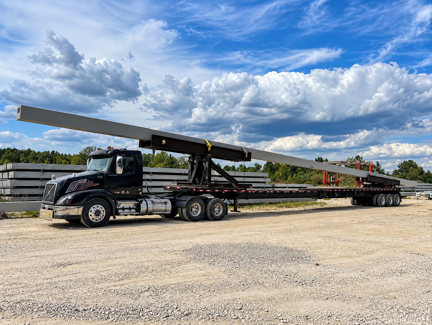 FHWA guidance reports that girder shipping lengths commonly fall within the 120- to 140-foot range. It states that lengths up to 185 feet may be possible on certain routes with steerable trailers. Photo Credit: Pile Beam and Bridge Transport