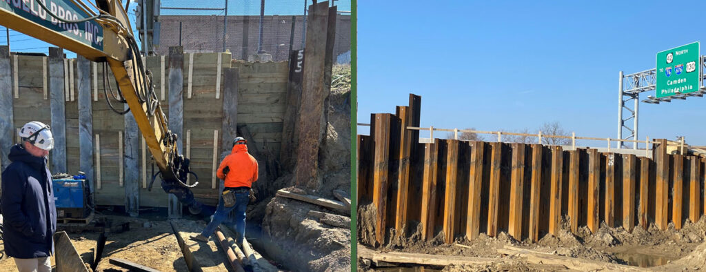 IDEAL® 4.5" pipe helical tiebacks installed 35 to 70 feet deep on highway ramp abutments. Installing contractor: South State Inc. Photo Credit: Danbro Distributors