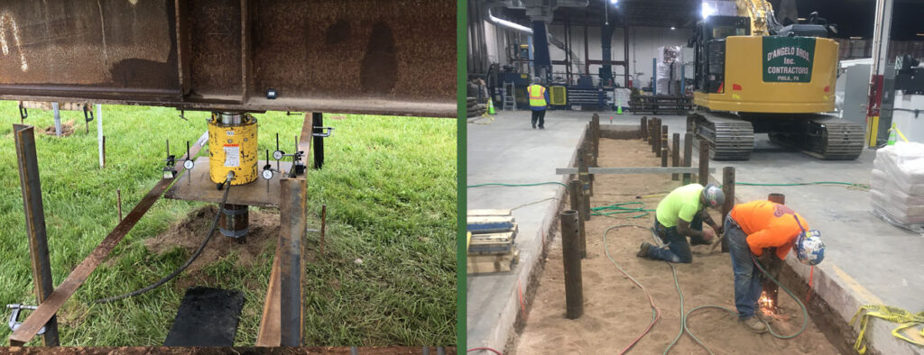 Large diameter helical piles supporting a new printing press with strict settlement criteria. Installing contractor: Vaspoli Builders. Photo Credit: Danbro Distributors